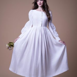 Ivory White Long Sleeve Button Front Midi Dress
