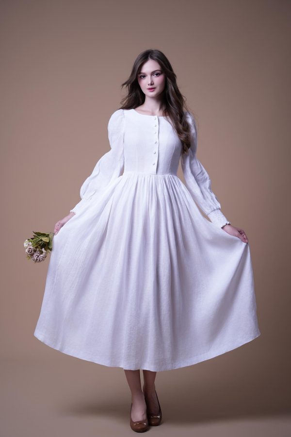 Ivory White Long Sleeve Button Front Midi Dress