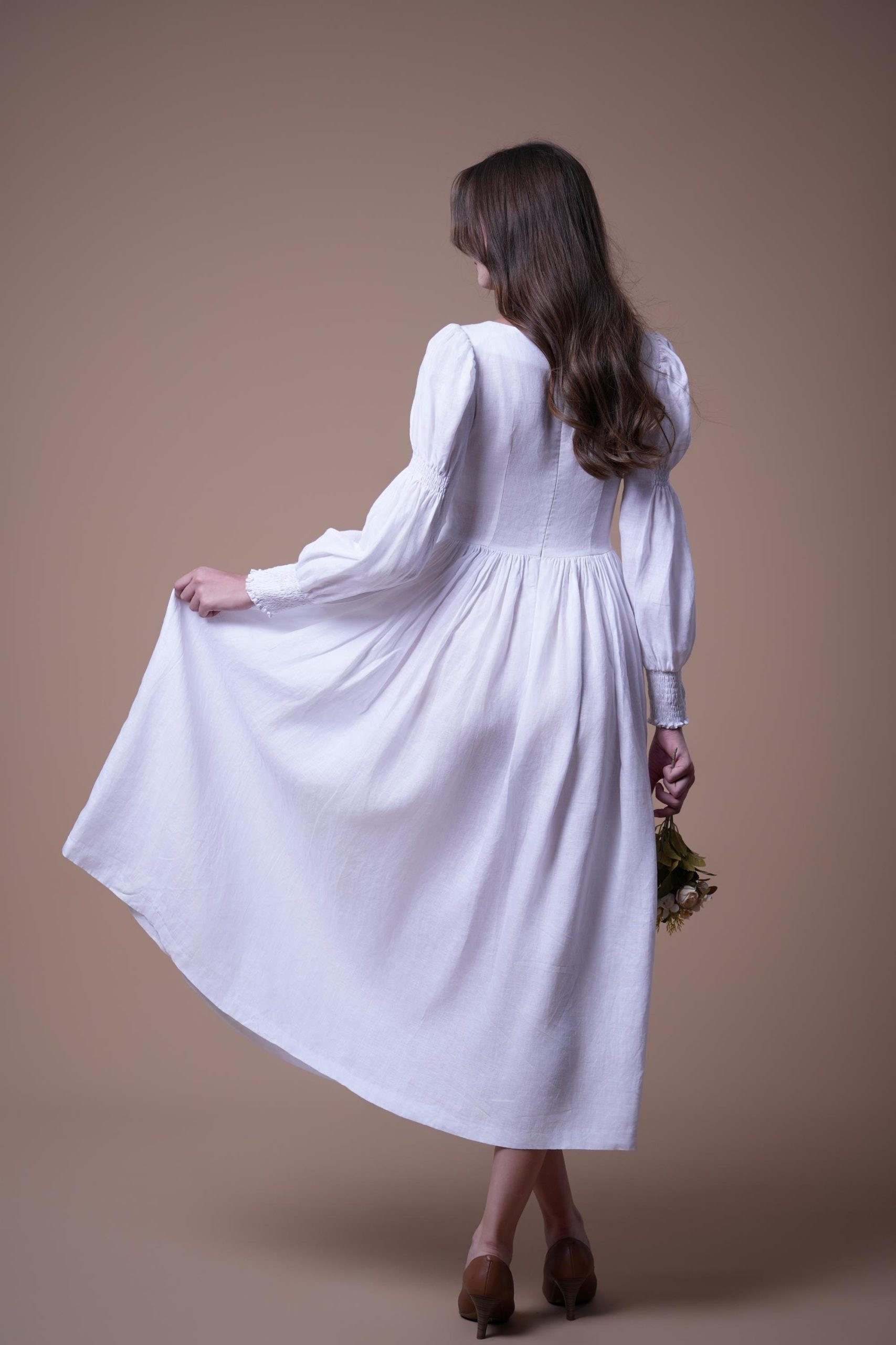 Ivory White Long Sleeve Button Front Midi Dress - Image 4