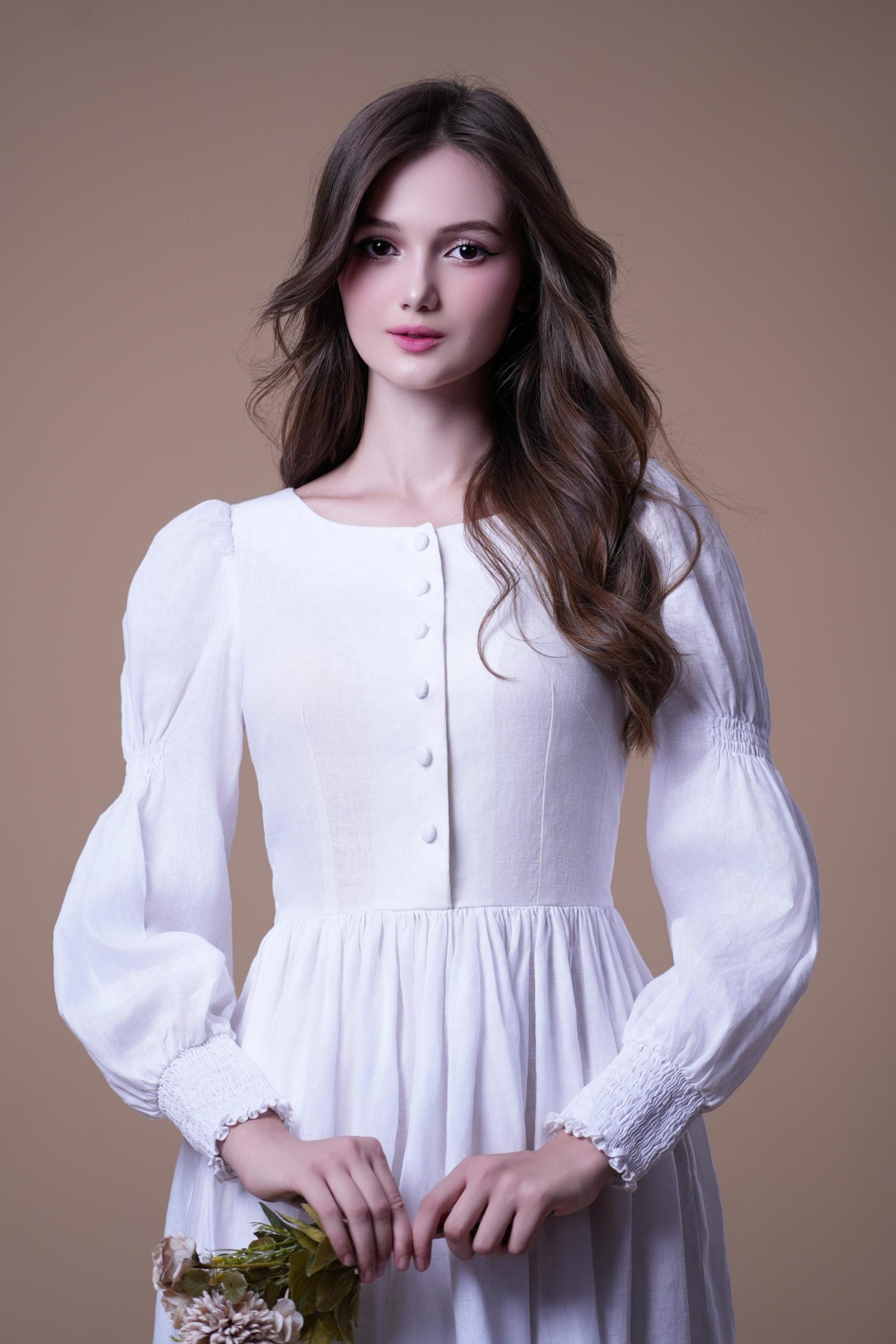 Ivory White Long Sleeve Button Front Midi Dress - Image 2