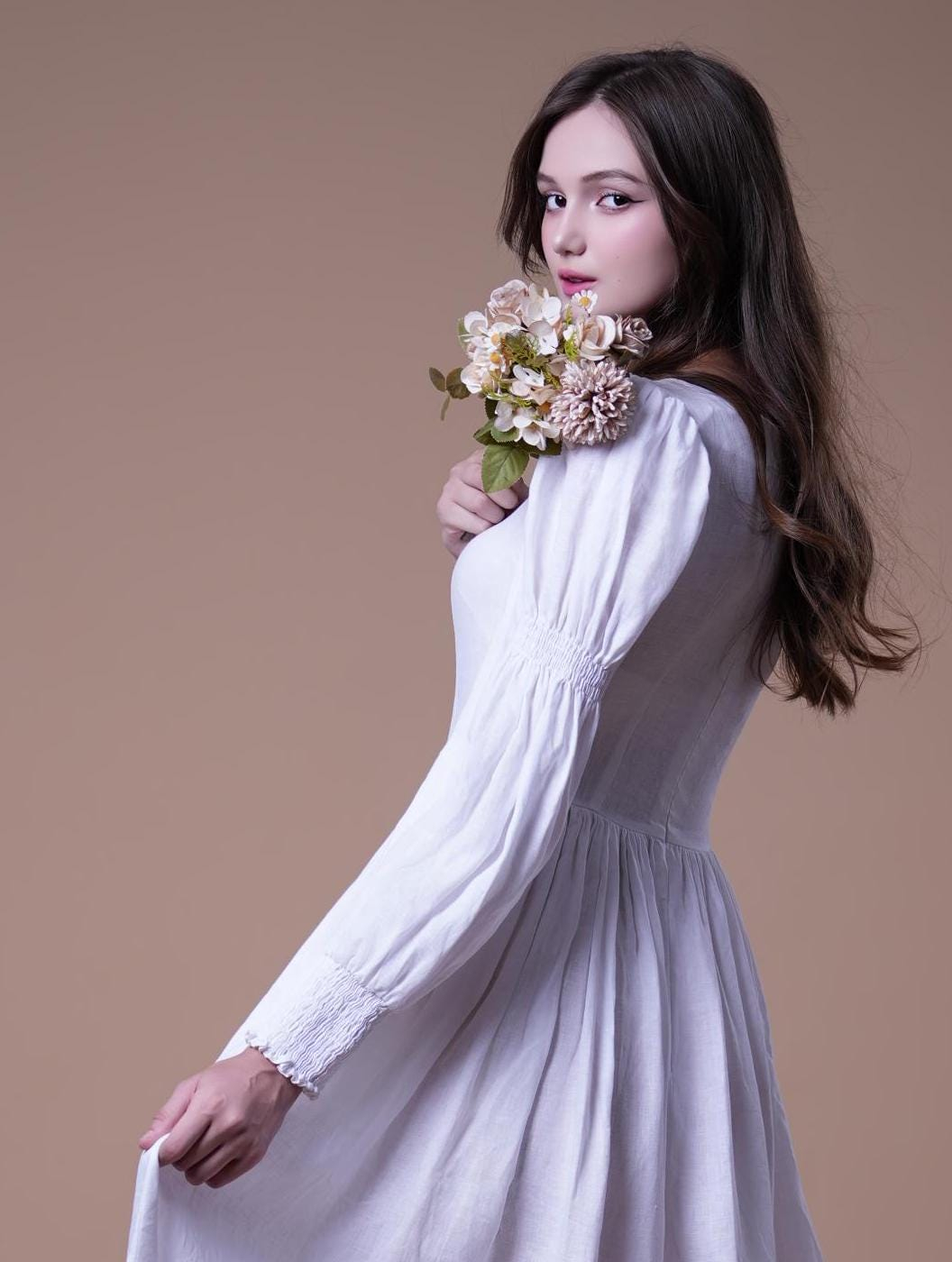 Ivory White Long Sleeve Button Front Midi Dress - Image 3