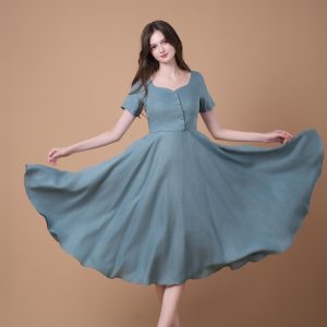 Dusty Blue Button Front Short Sleeve Midi Dress