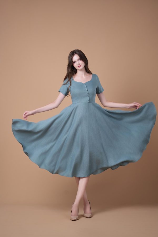 Dusty Blue Button Front Short Sleeve Midi Dress