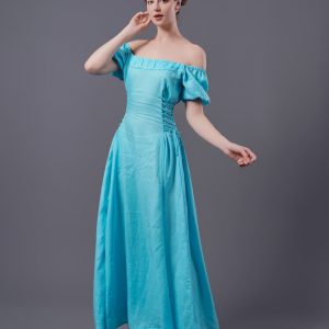 Aqua Blue Square Neck Puff Sleeve Midi Dress