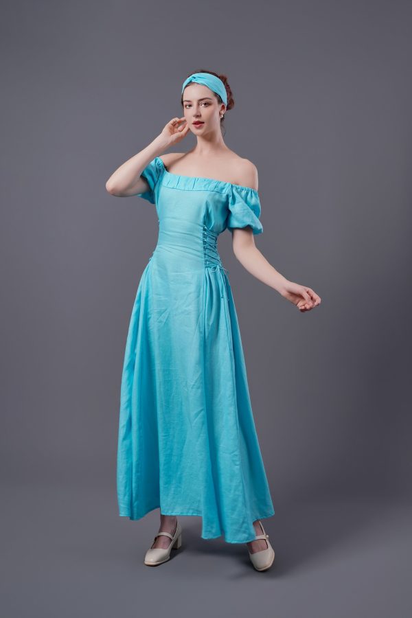 Aqua Blue Square Neck Puff Sleeve Midi Dress