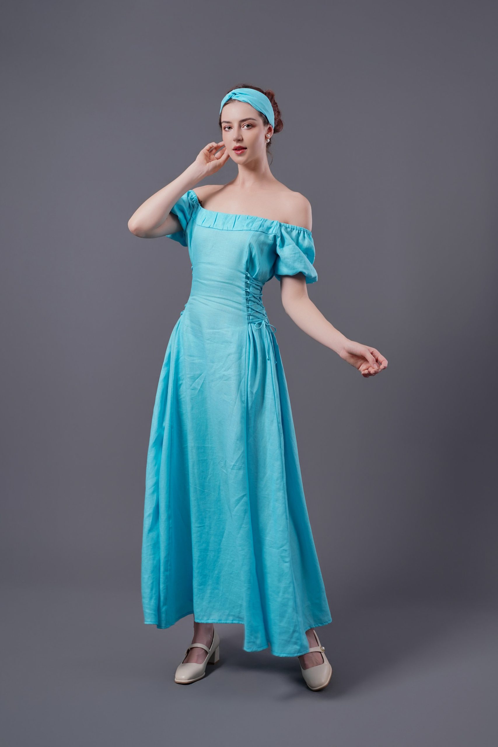 Aqua Blue Square Neck Puff Sleeve Midi Dress