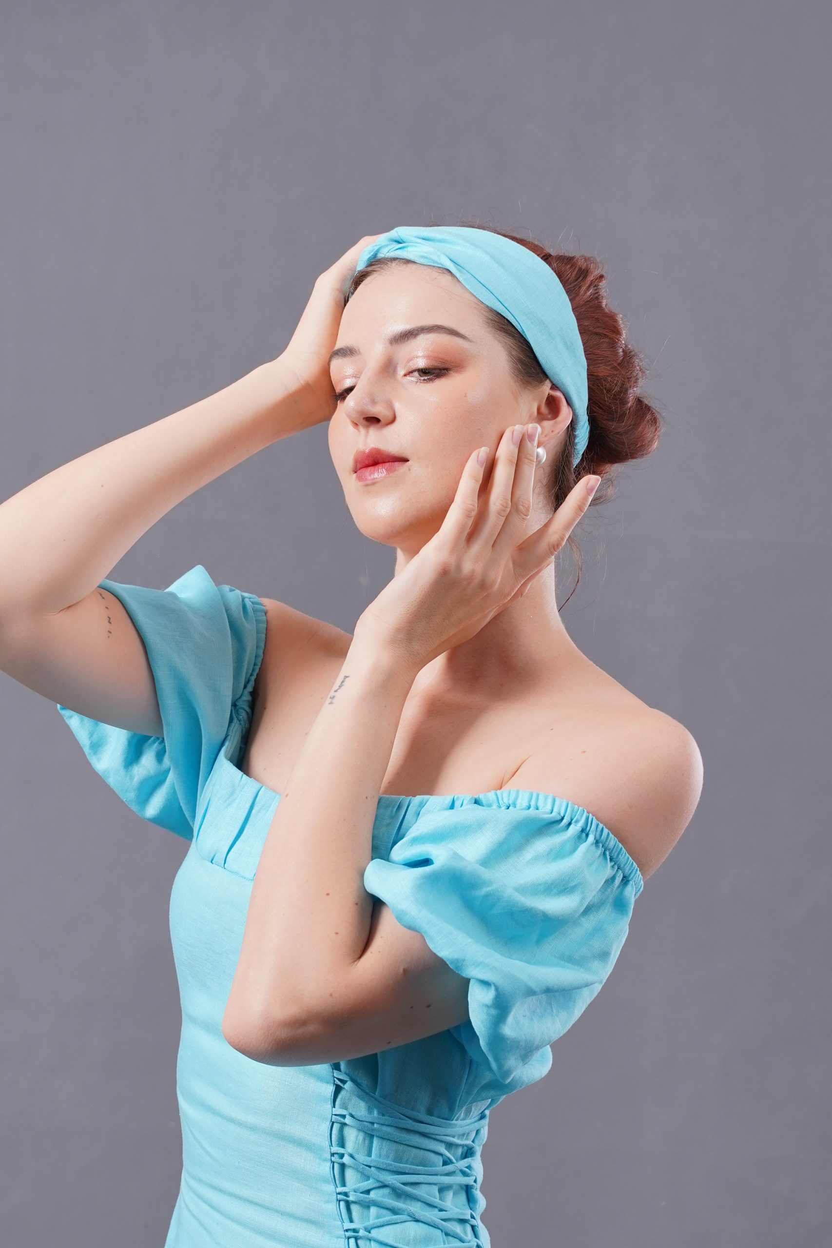 Aqua Blue Square Neck Puff Sleeve Midi Dress - Image 2