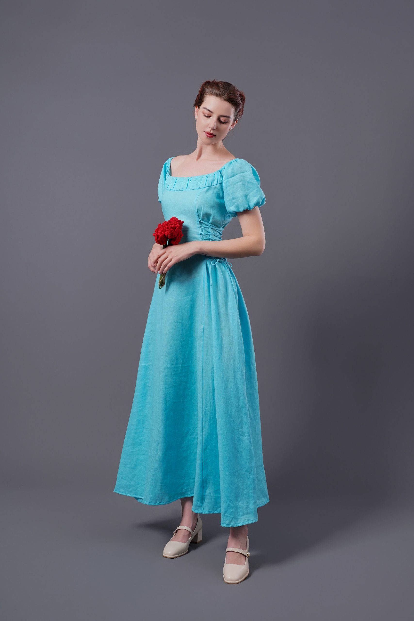 Aqua Blue Square Neck Puff Sleeve Midi Dress - Image 3