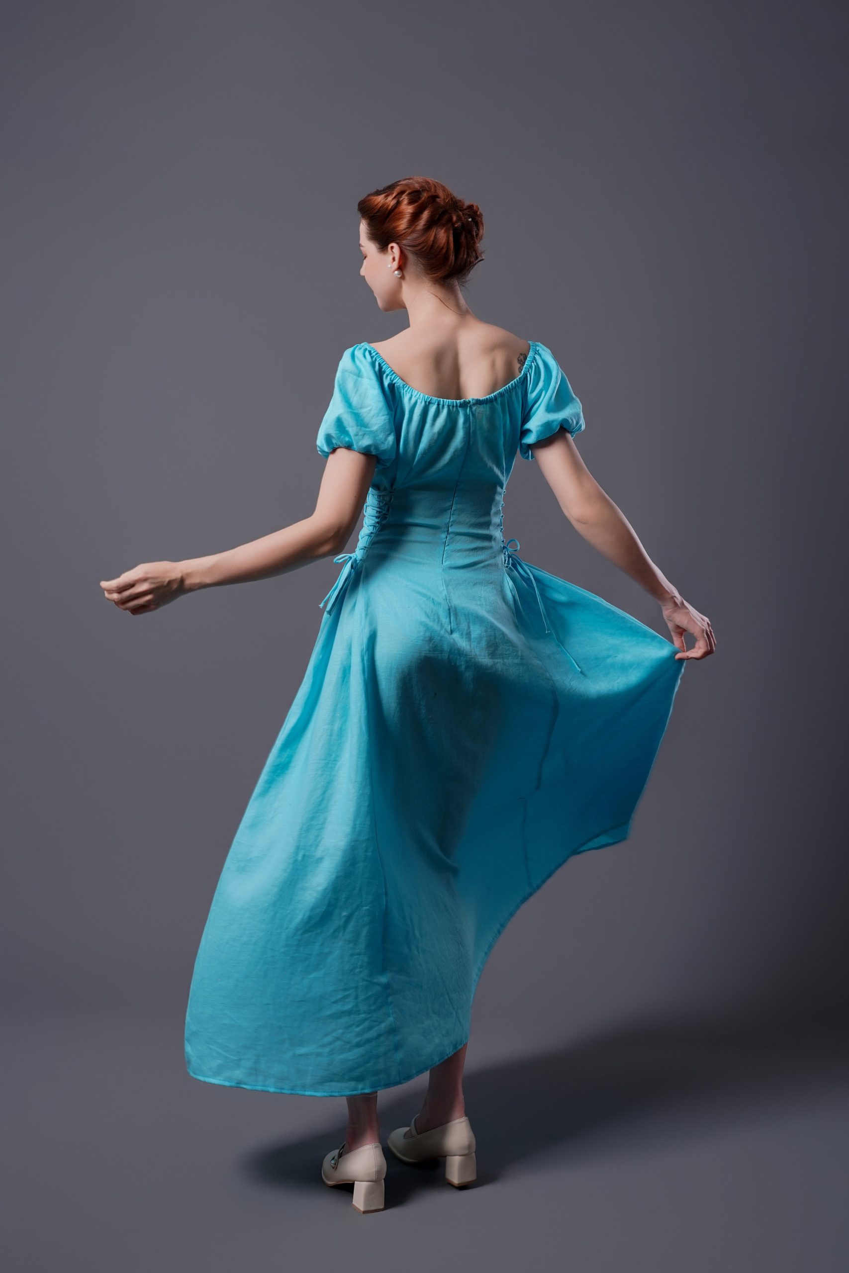 Aqua Blue Square Neck Puff Sleeve Midi Dress - Image 4