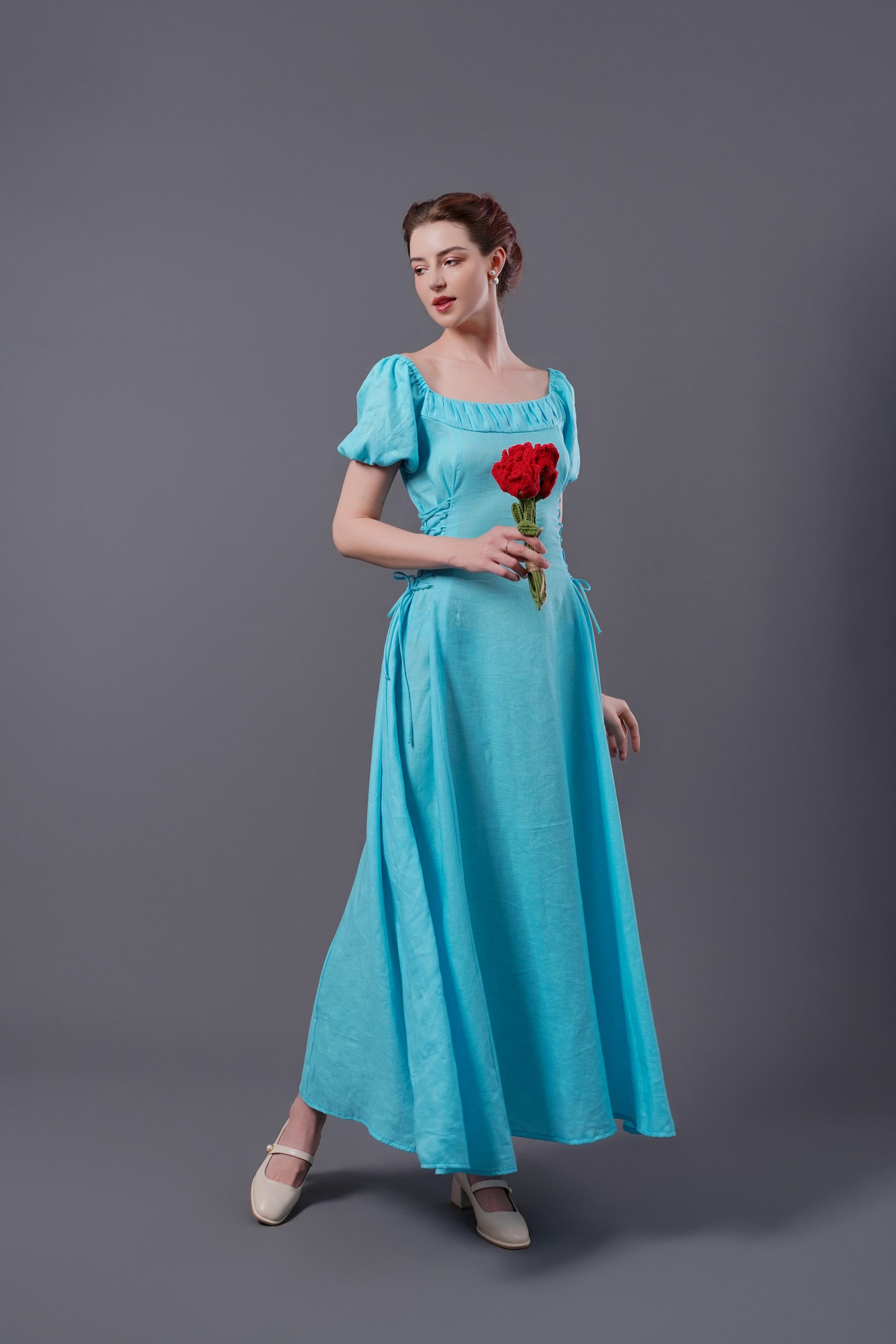Aqua Blue Square Neck Puff Sleeve Midi Dress - Image 5