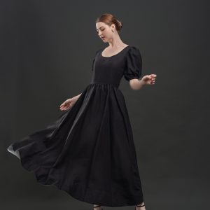 Black Puff Sleeve Square Neck Midi Dress
