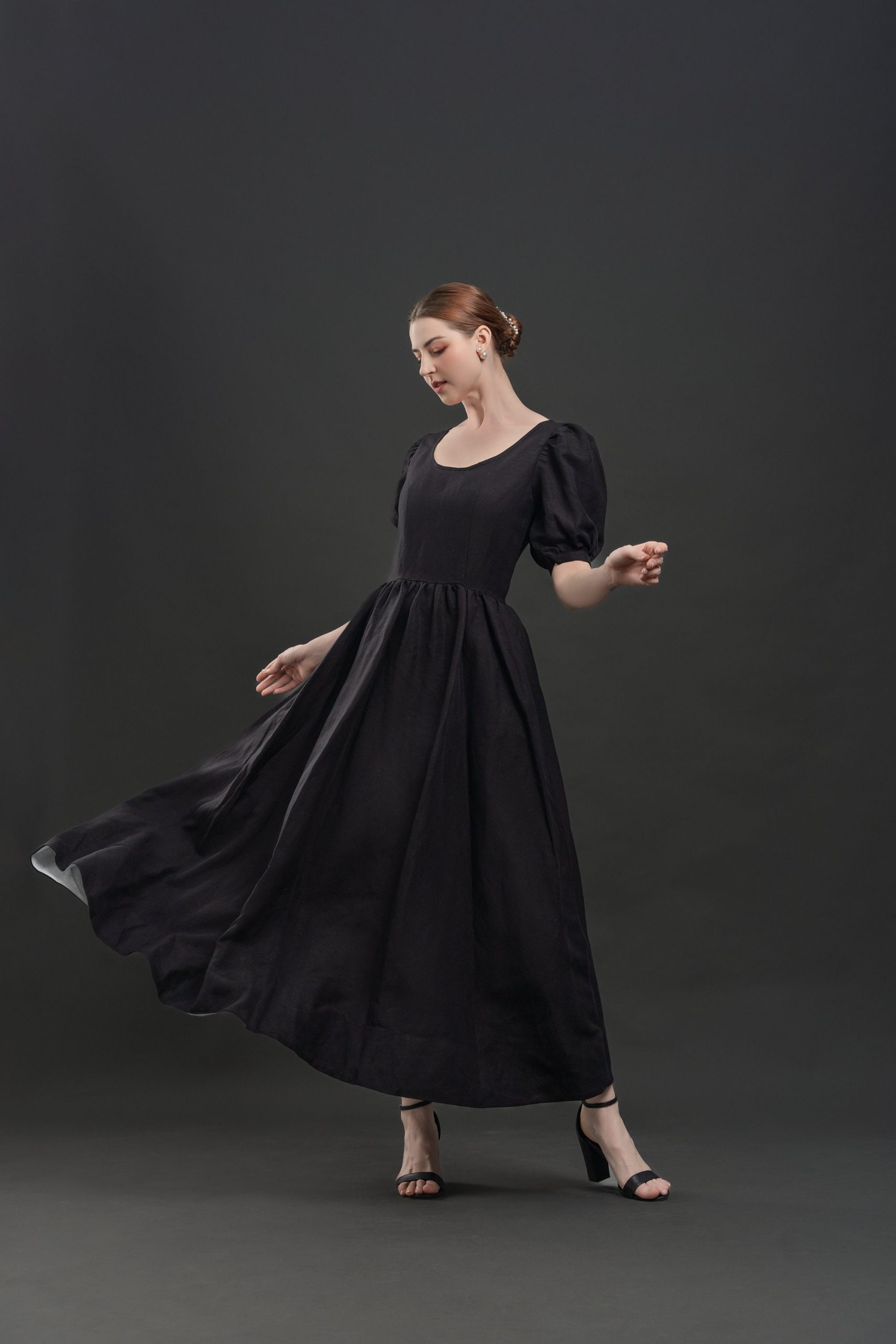 Black Puff Sleeve Square Neck Midi Dress
