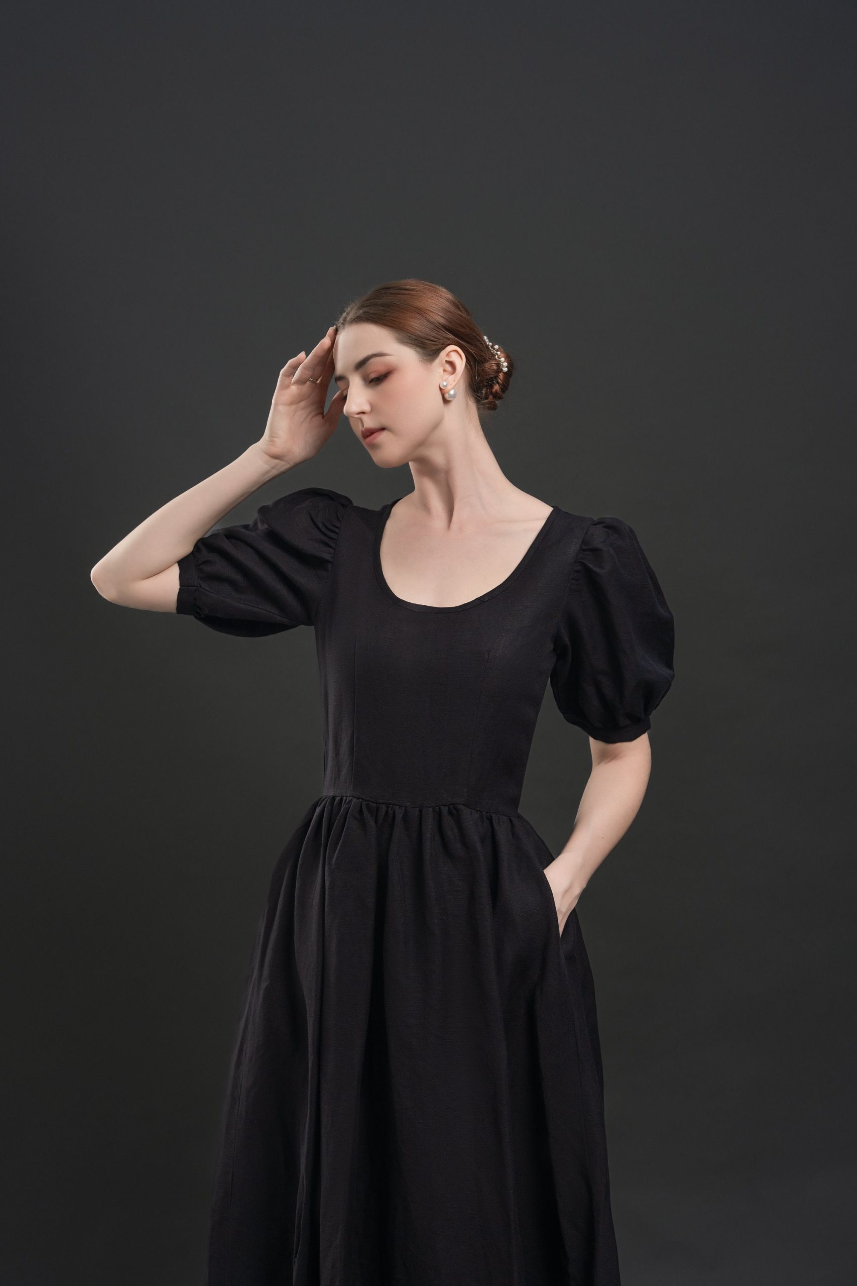 Black Puff Sleeve Square Neck Midi Dress - Image 2