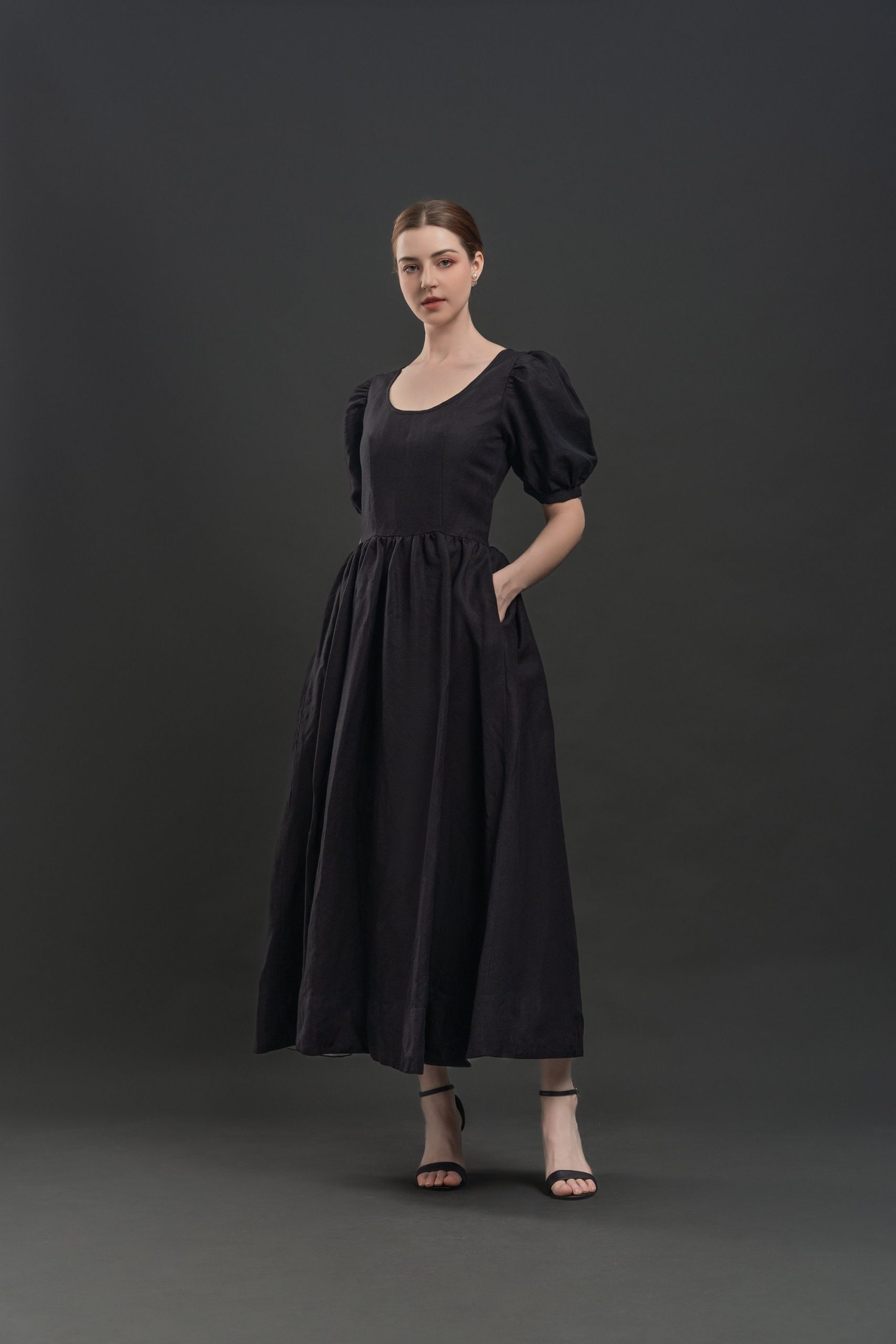 Black Puff Sleeve Square Neck Midi Dress - Image 3