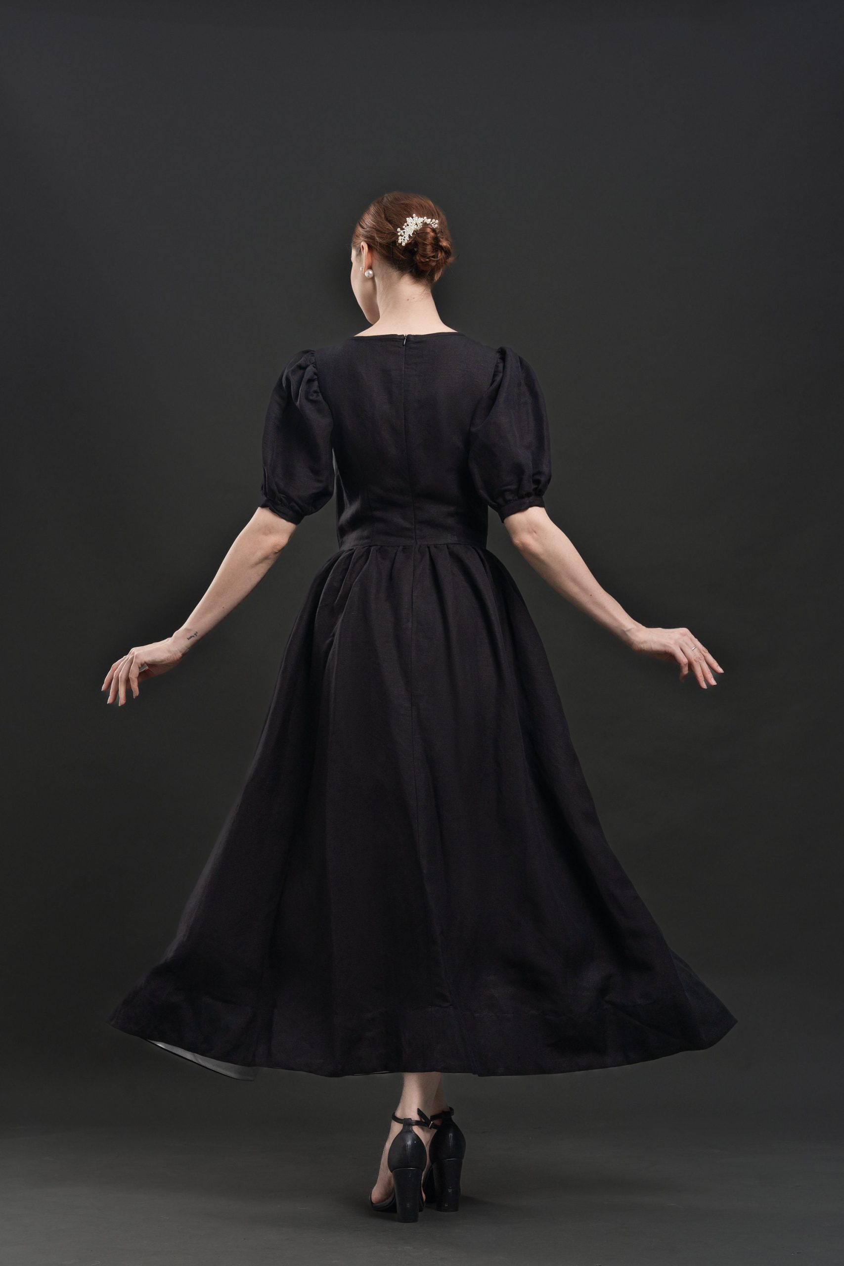 Black Puff Sleeve Square Neck Midi Dress - Image 4
