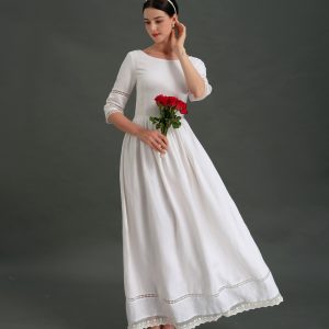 Ivory White Lace Trim Three-Quarter Sleeve Midi Dress