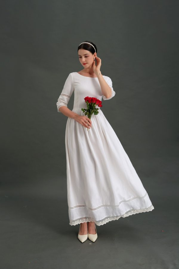 Ivory White Lace Trim Three-Quarter Sleeve Midi Dress