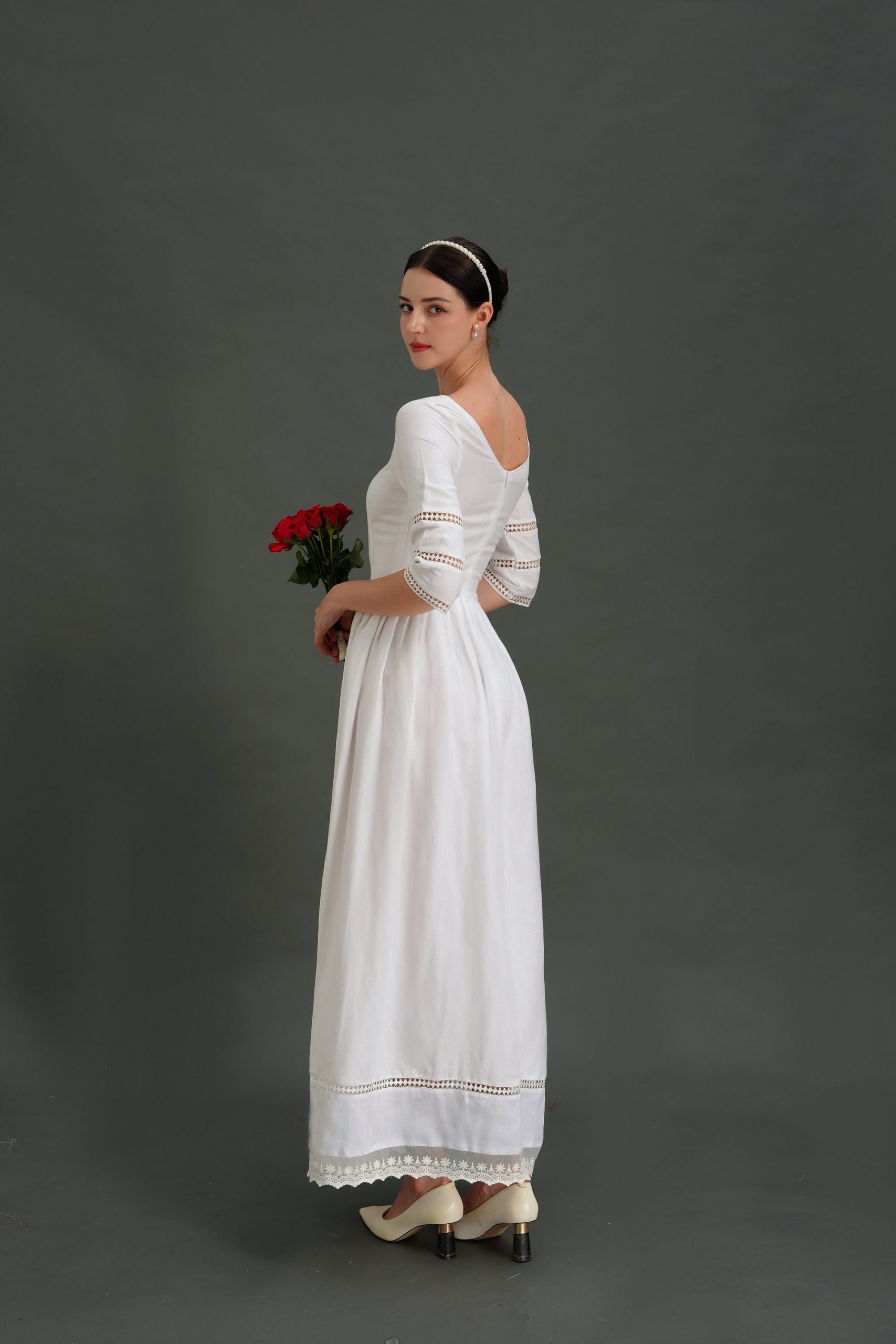 Ivory White Lace Trim Three-Quarter Sleeve Midi Dress - Image 4