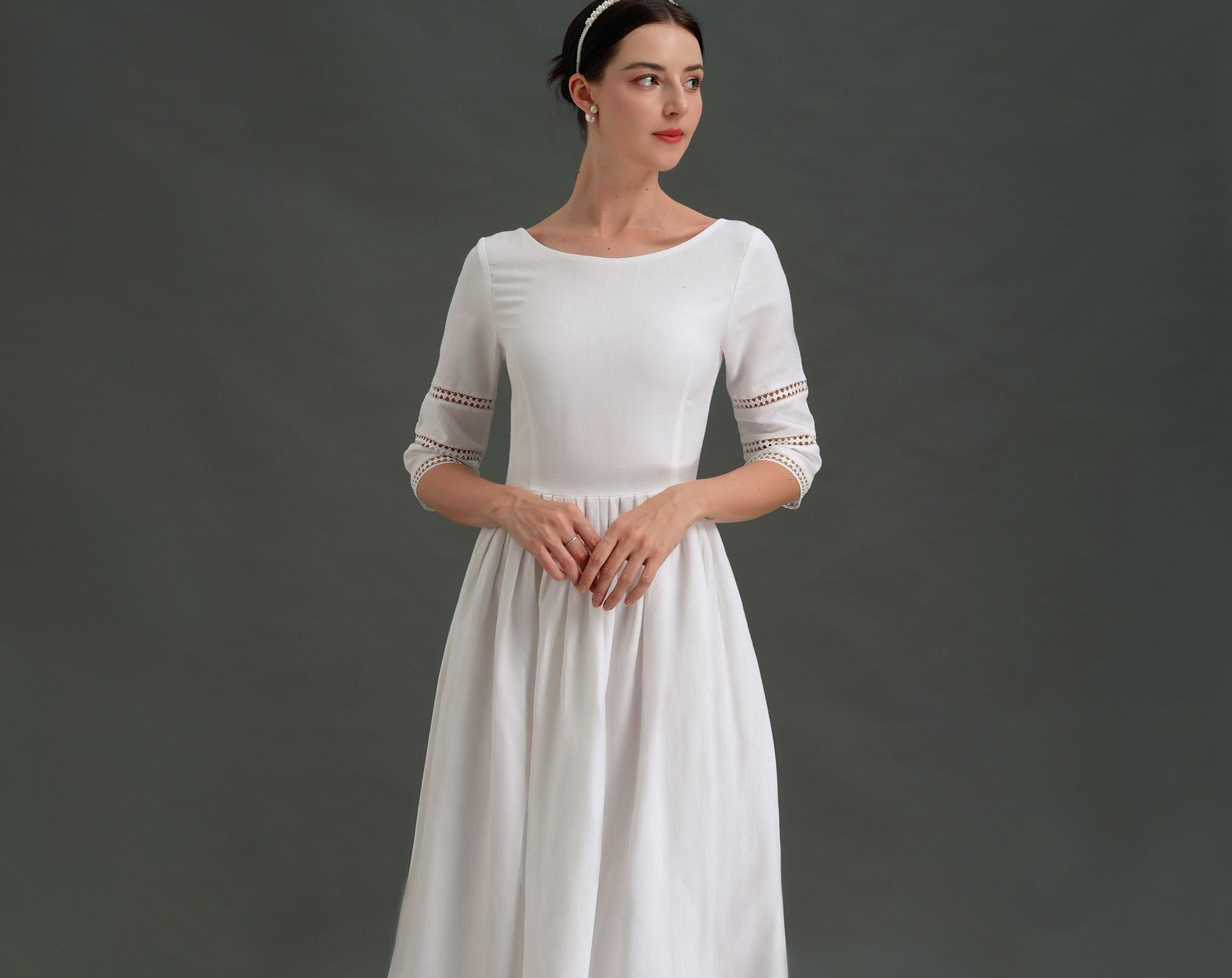 Ivory White Lace Trim Three-Quarter Sleeve Midi Dress - Image 3