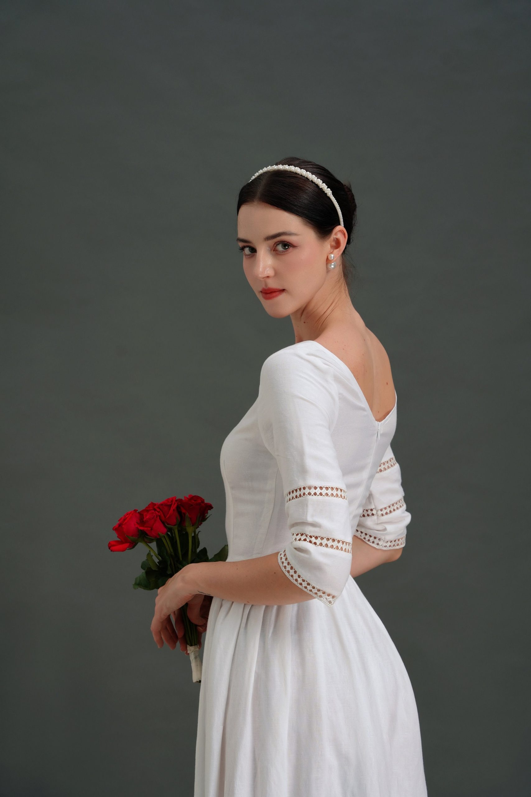Ivory White Lace Trim Three-Quarter Sleeve Midi Dress - Image 2