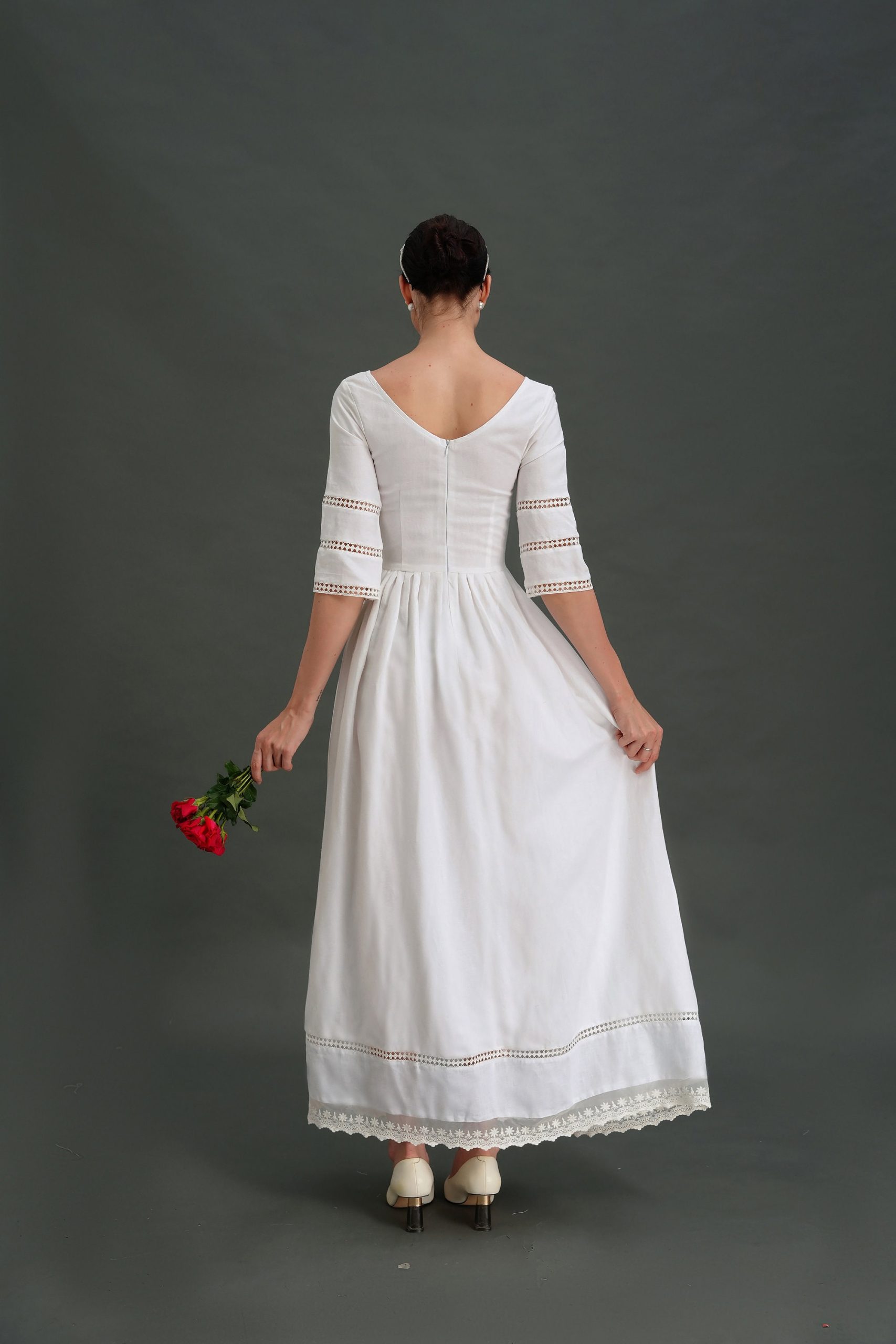 Ivory White Lace Trim Three-Quarter Sleeve Midi Dress - Image 5
