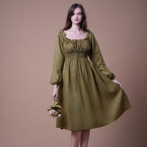 Olive Green Ruched Square Neck Long Sleeve Midi Dress