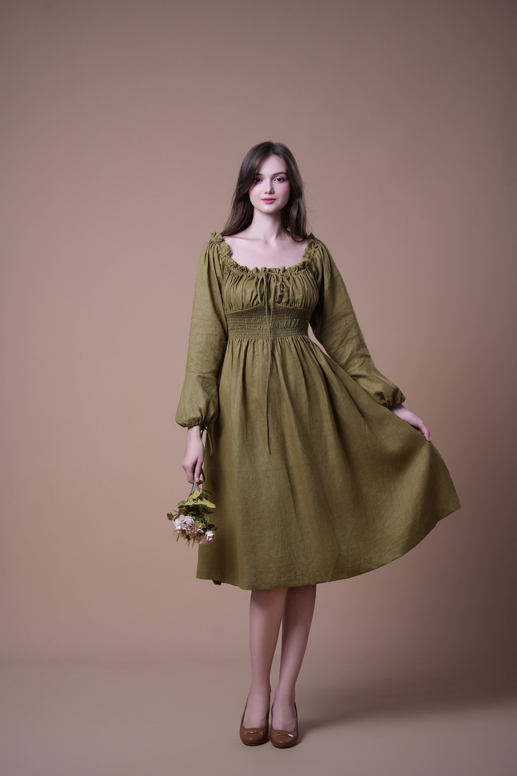 Olive Green Ruched Square Neck Long Sleeve Midi Dress