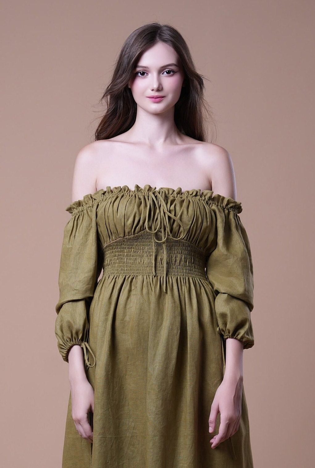 Olive Green Ruched Square Neck Long Sleeve Midi Dress - Image 2