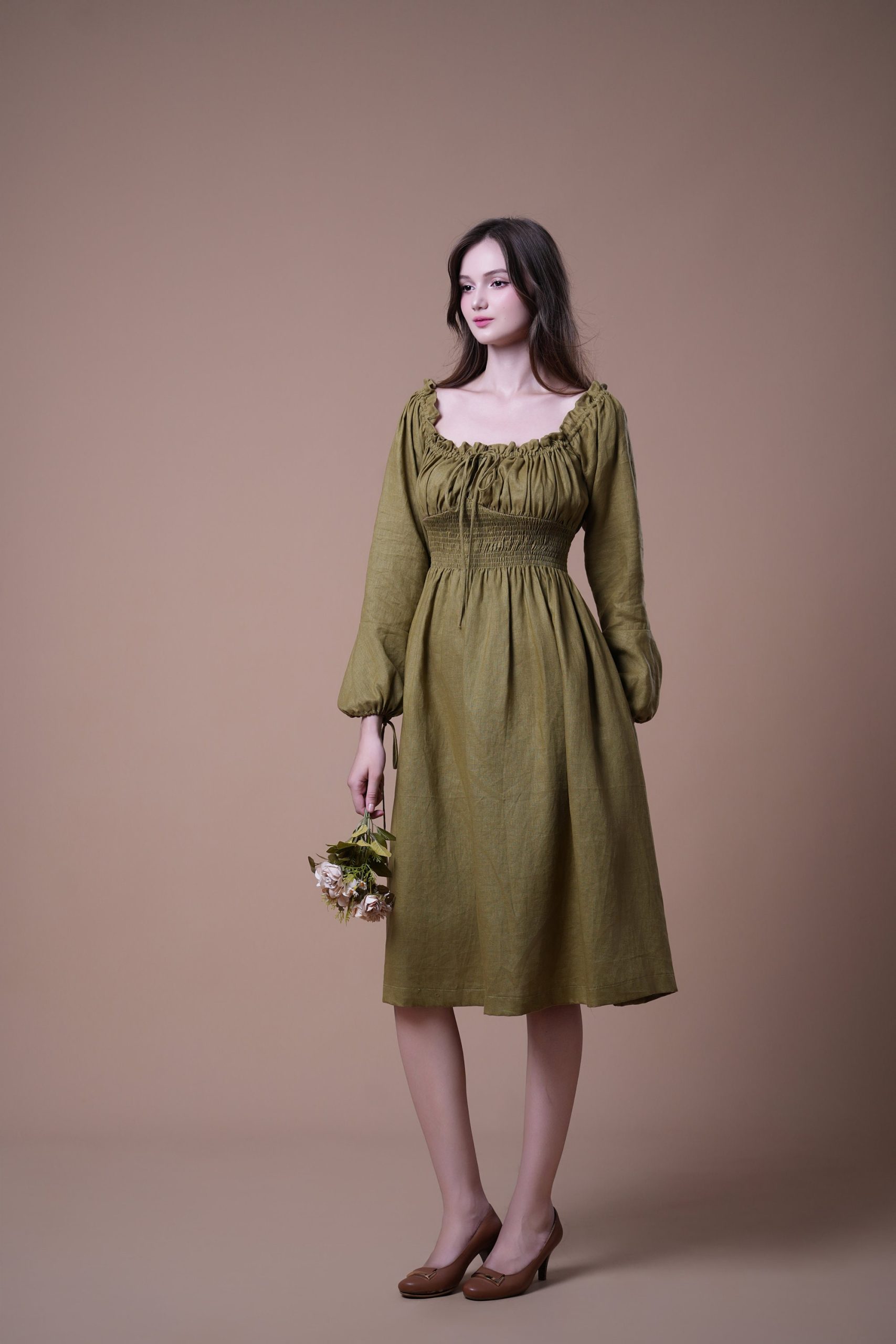 Olive Green Ruched Square Neck Long Sleeve Midi Dress - Image 3