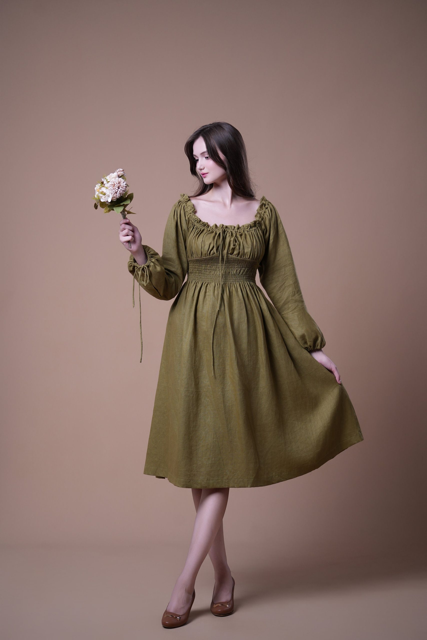 Olive Green Ruched Square Neck Long Sleeve Midi Dress - Image 4