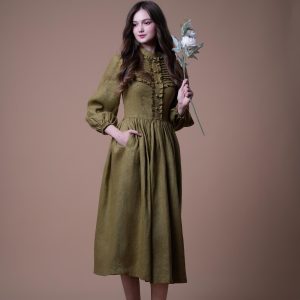 Olive Green Ruffle Front Long Sleeve Midi Dress