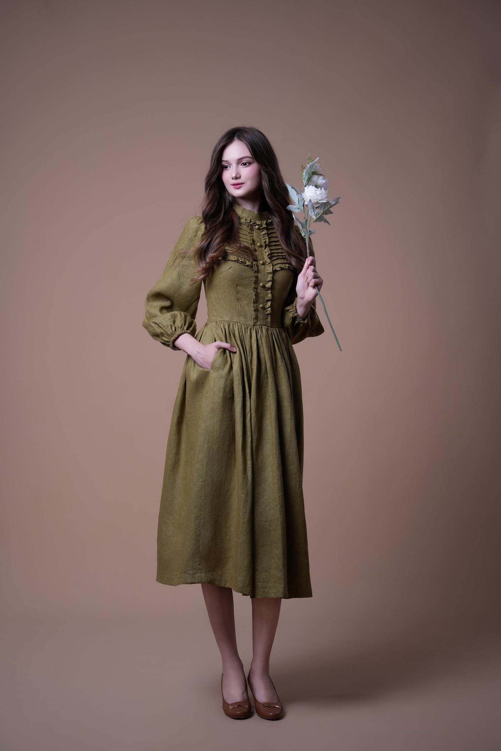 Olive Green Ruffle Front Long Sleeve Midi Dress