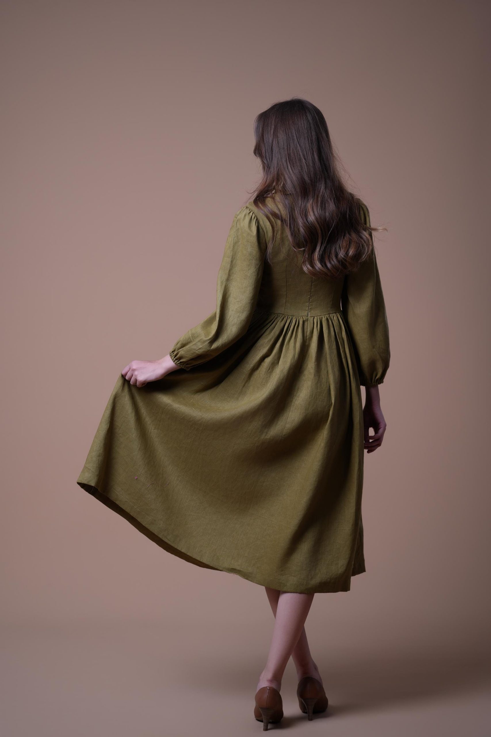 Olive Green Ruffle Front Long Sleeve Midi Dress - Image 4