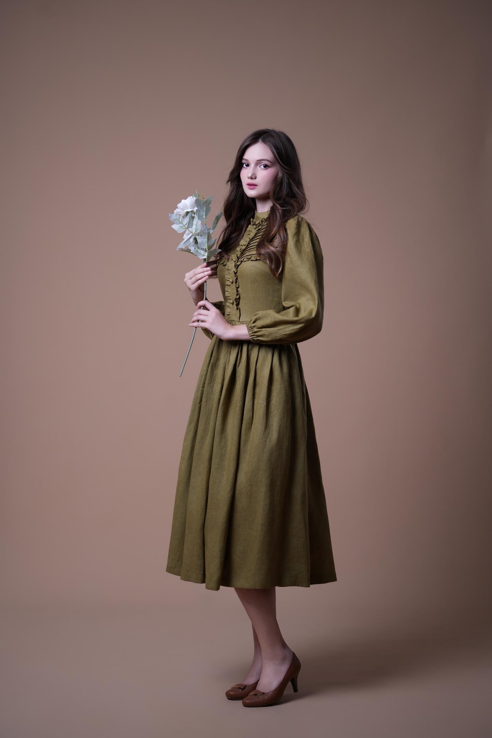 Olive Green Ruffle Front Long Sleeve Midi Dress - Image 3