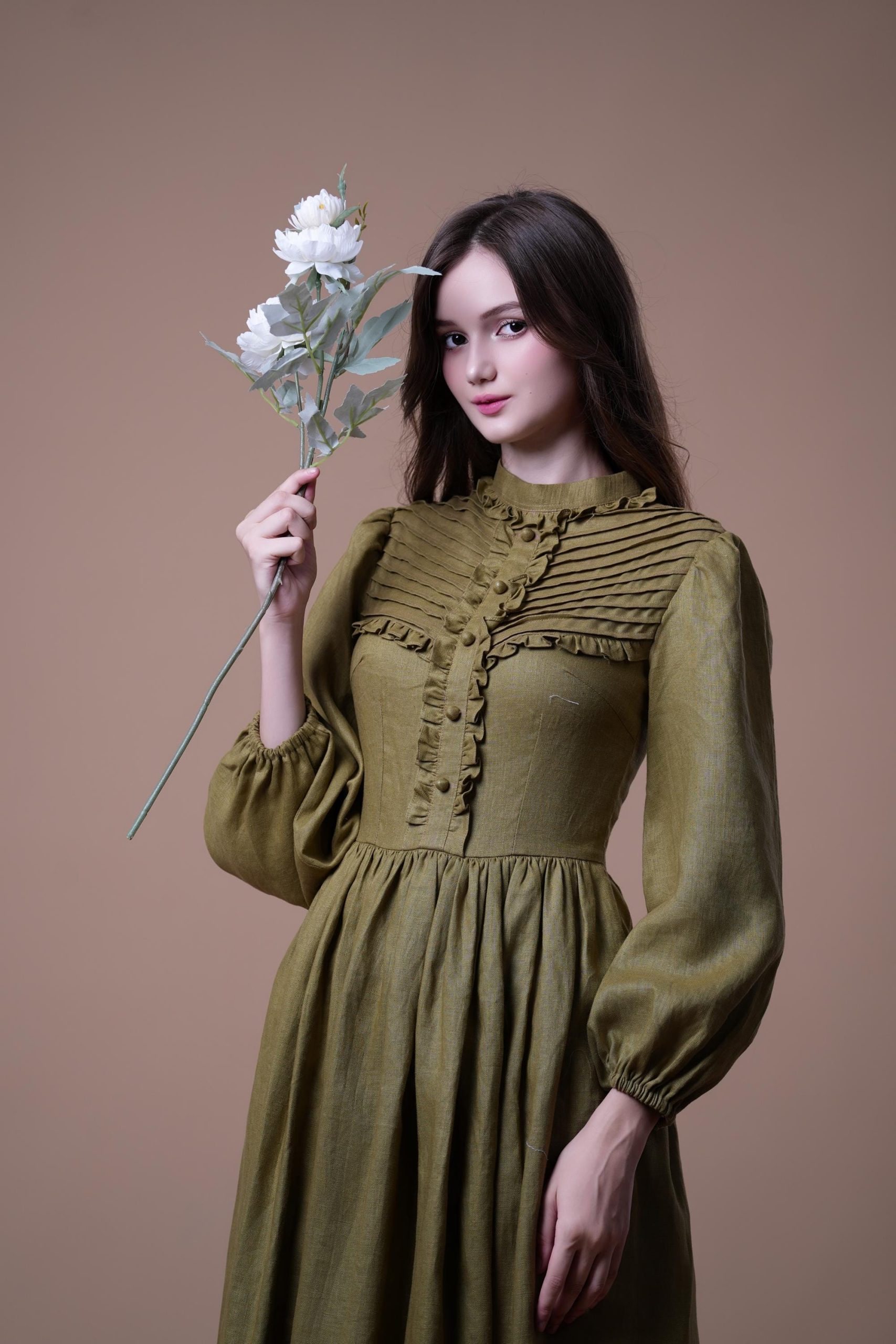 Olive Green Ruffle Front Long Sleeve Midi Dress - Image 2