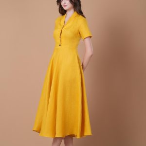 Mustard Yellow Button Front Short Sleeve Midi Dress