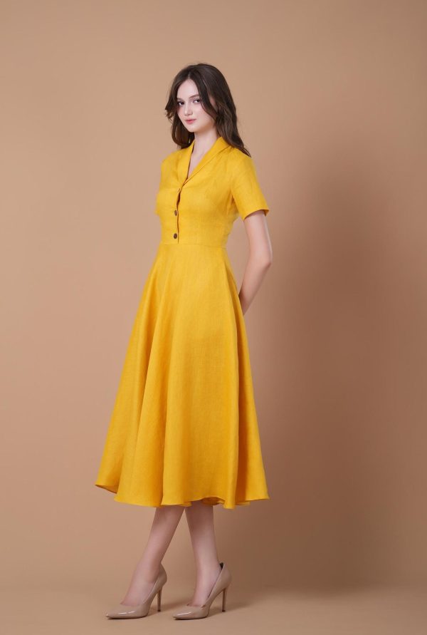 Mustard Yellow Button Front Short Sleeve Midi Dress