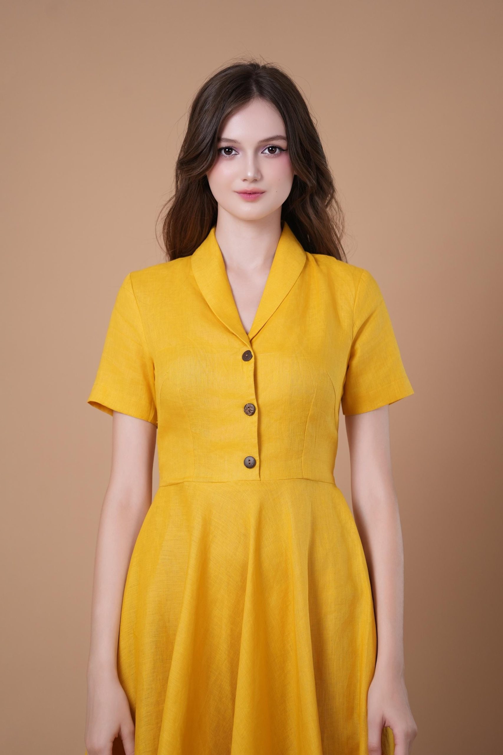 Mustard Yellow Button Front Short Sleeve Midi Dress - Image 2