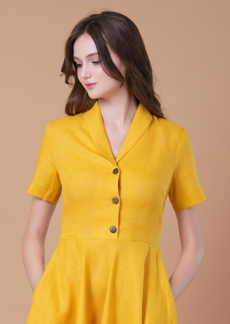 Mustard Yellow Button Front Short Sleeve Midi Dress - Image 3