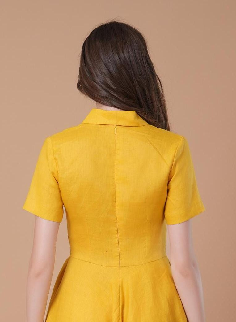 Mustard Yellow Button Front Short Sleeve Midi Dress - Image 4