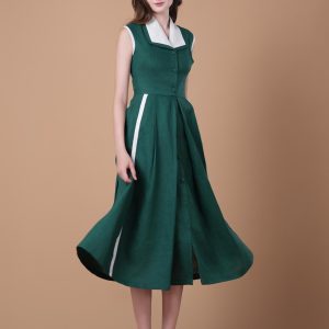 Emerald Green Contrast Collar Sleeveless Midi Dress
