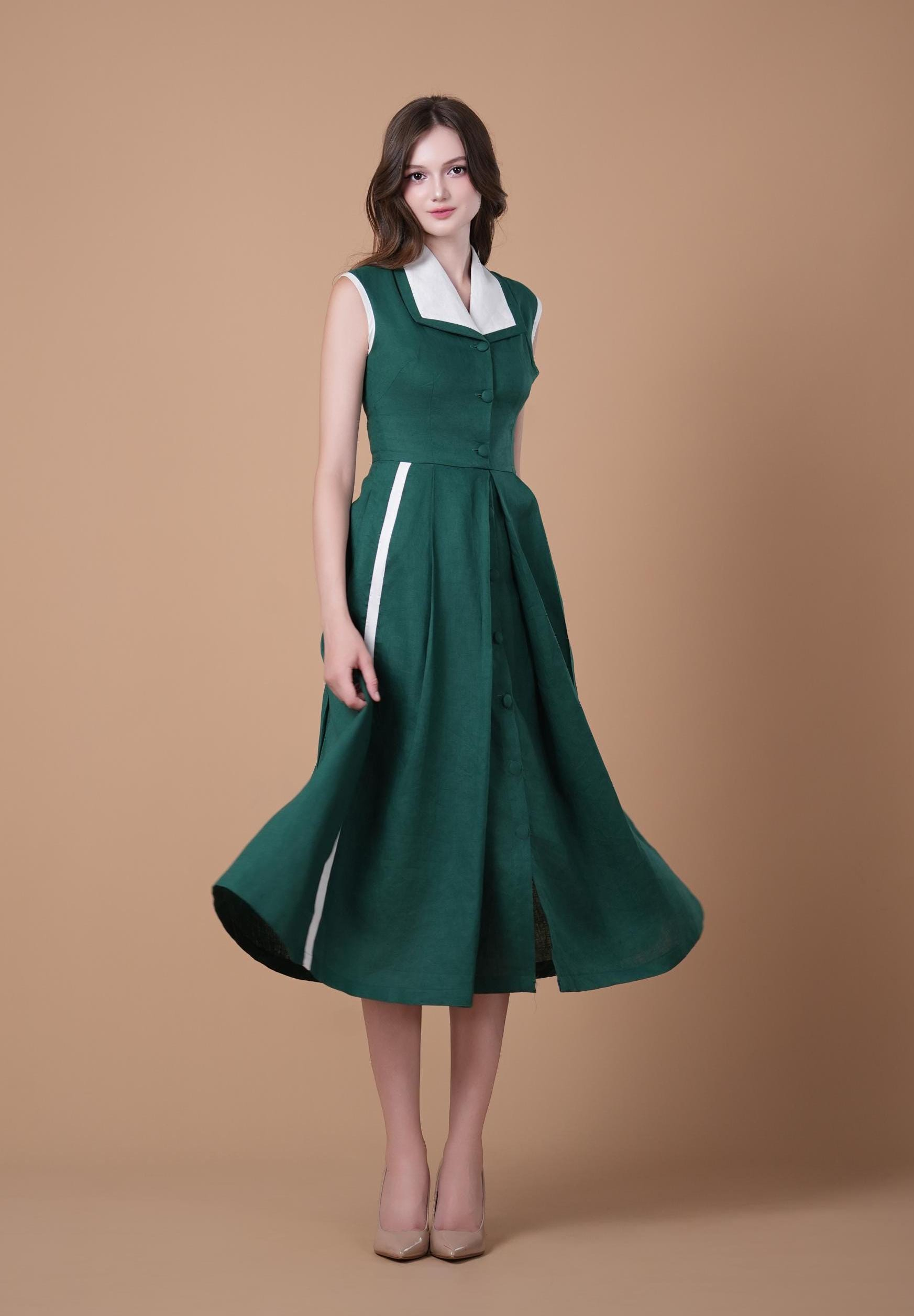 Emerald Green Contrast Collar Sleeveless Midi Dress