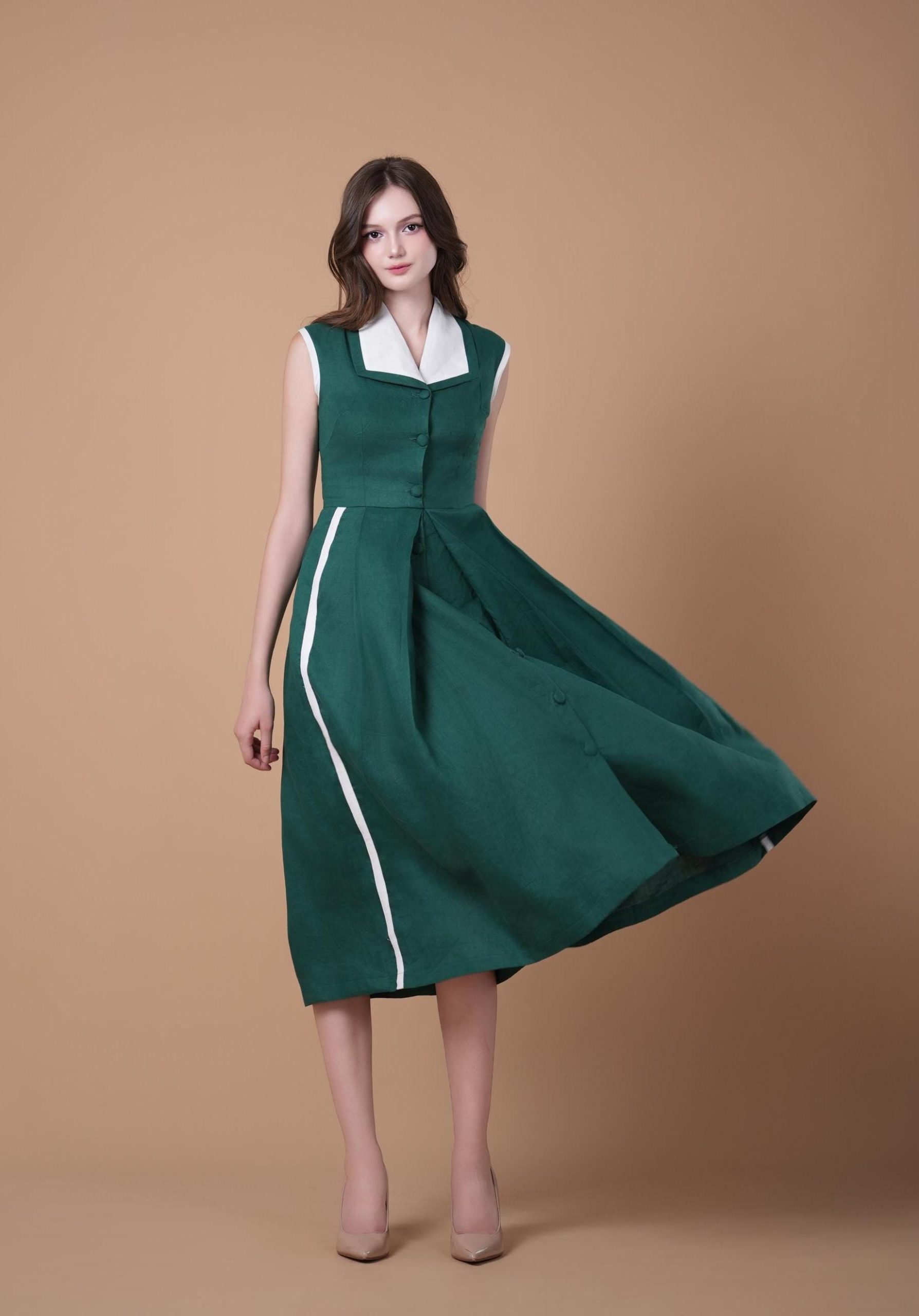 Emerald Green Contrast Collar Sleeveless Midi Dress - Image 2