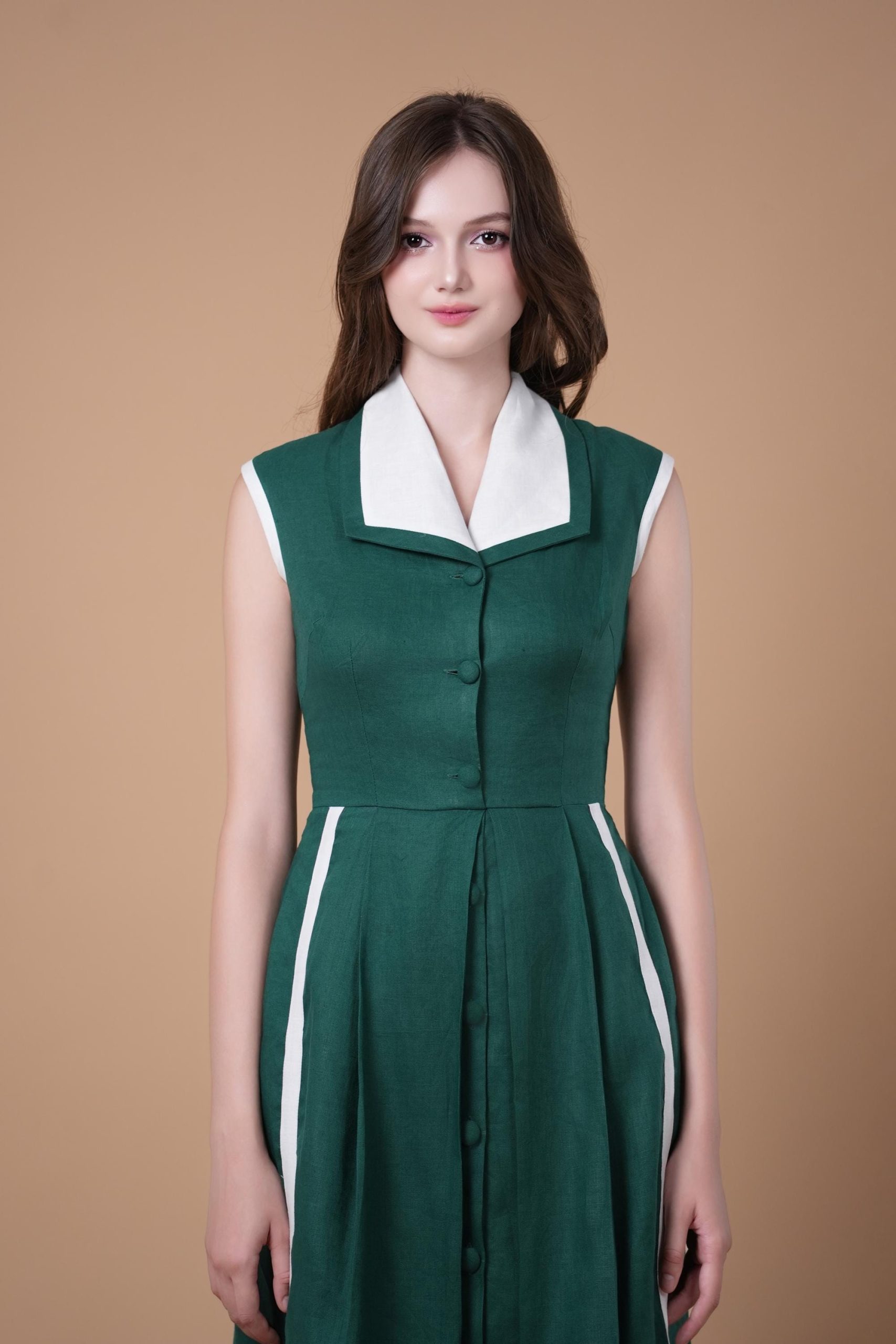 Emerald Green Contrast Collar Sleeveless Midi Dress - Image 4