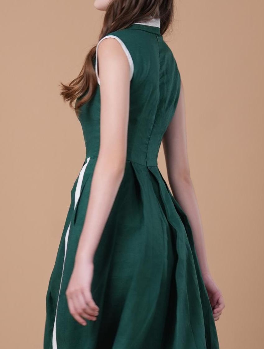Emerald Green Contrast Collar Sleeveless Midi Dress - Image 3