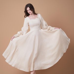 Cream White Square Neck Long Sleeve Swing Midi Dress