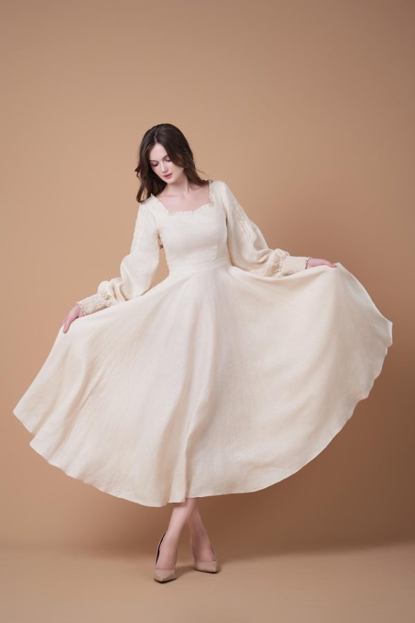 Cream White Square Neck Long Sleeve Swing Midi Dress