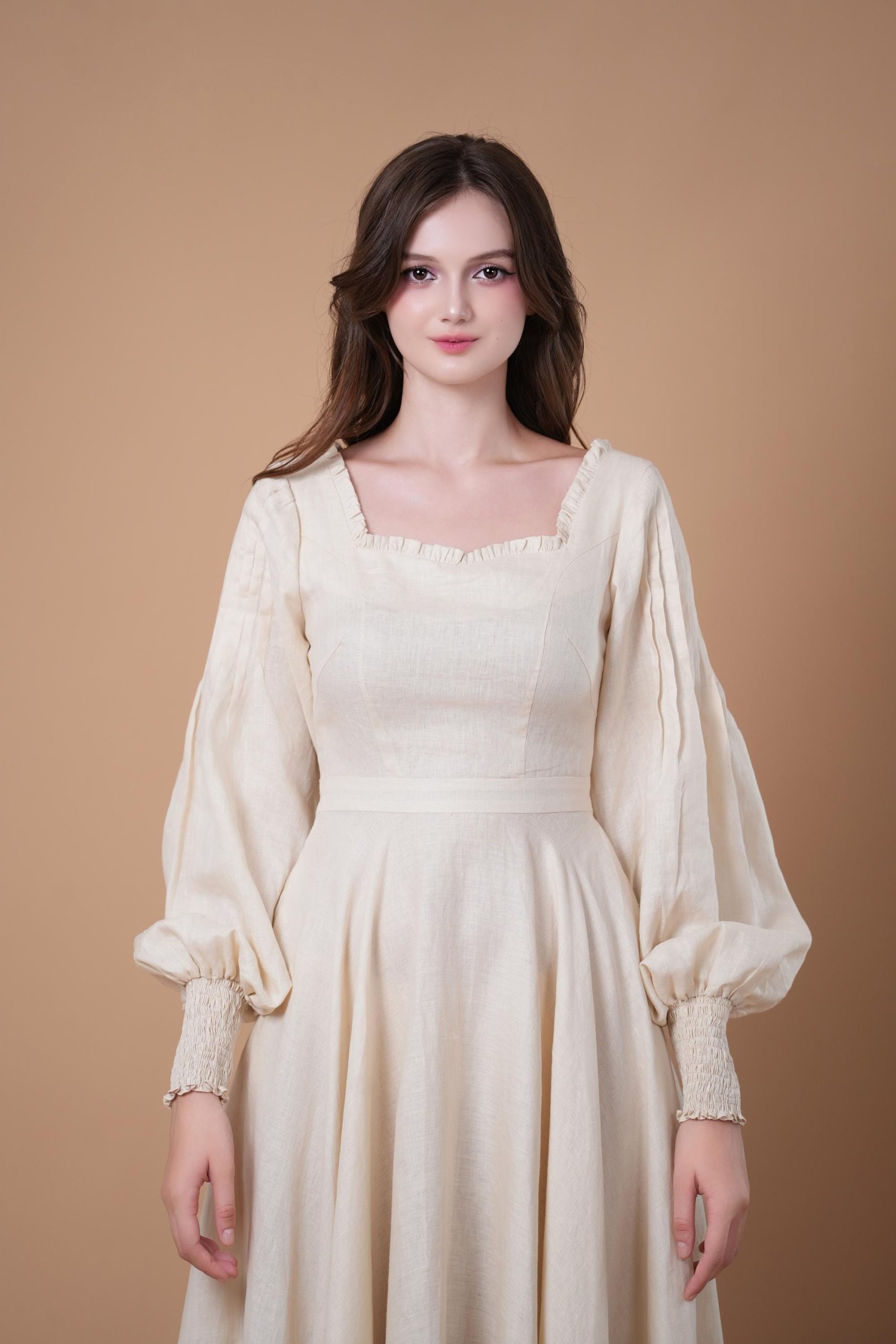 Cream White Square Neck Long Sleeve Swing Midi Dress - Image 2