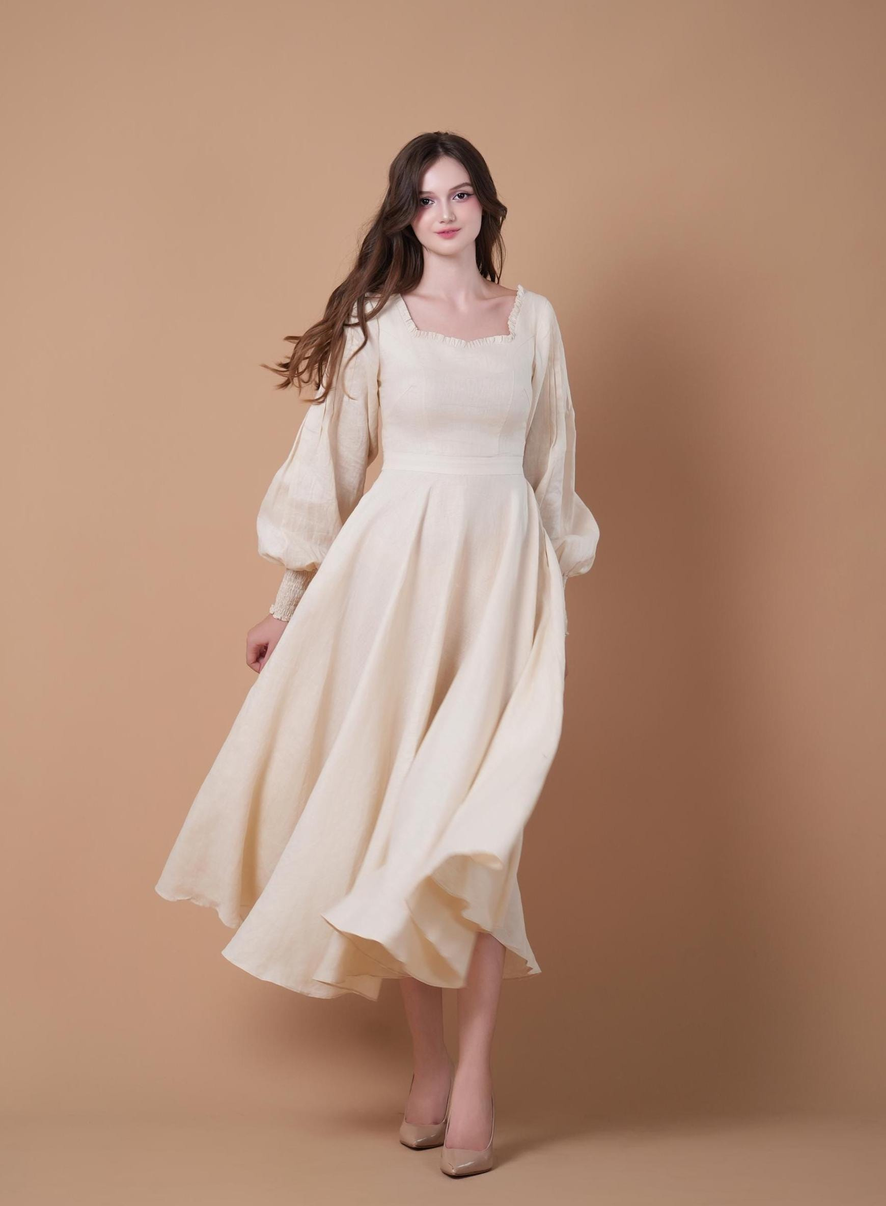 Cream White Square Neck Long Sleeve Swing Midi Dress - Image 3