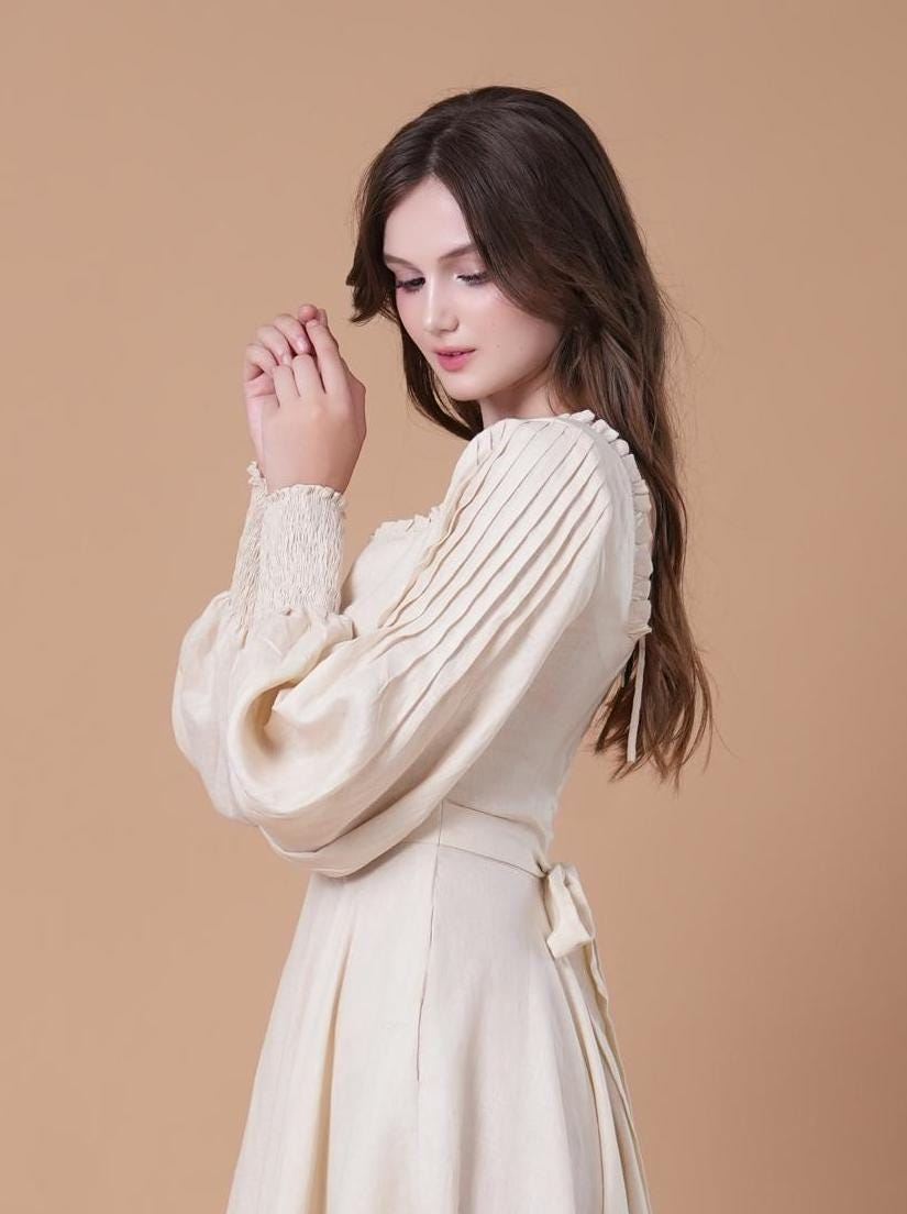 Cream White Square Neck Long Sleeve Swing Midi Dress - Image 4